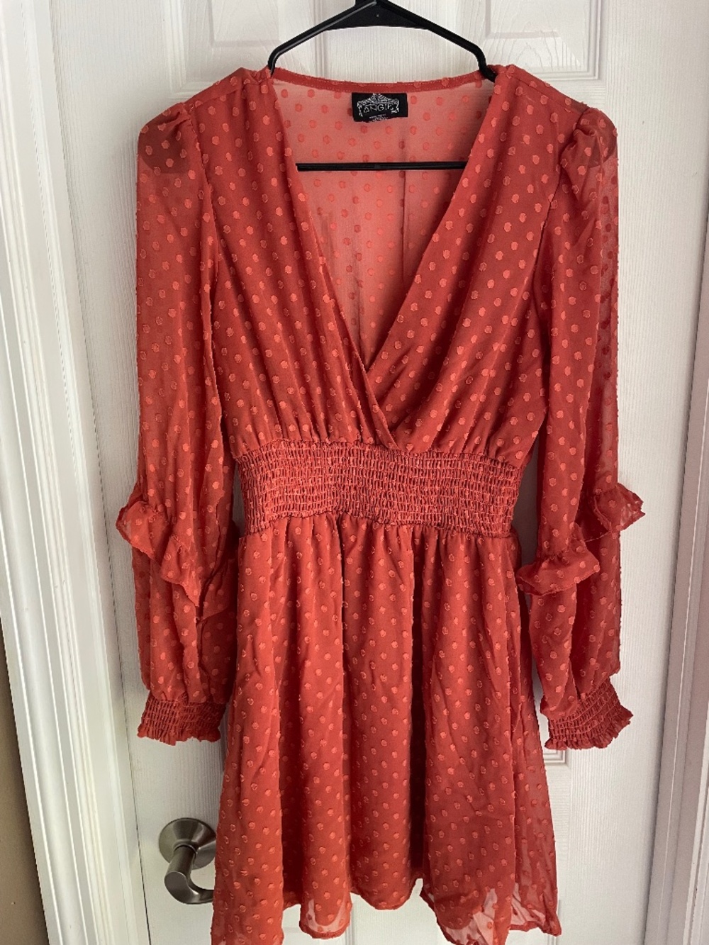 Angie Rust Terracotta Swiss Dot Long Sleeve V-Neck Mini Dress - Medium